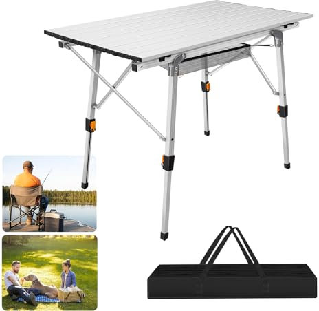 Exquisiter Klapptisch, klappbarer Campingtisch aus Aluminium mit Ablagenetz und Tragetasche, tragbarer Picknicktisch zum Grillen, kompakter Outdoor-Tisch für unterwegs, 90 x 53 x 45/68 cm, Silber