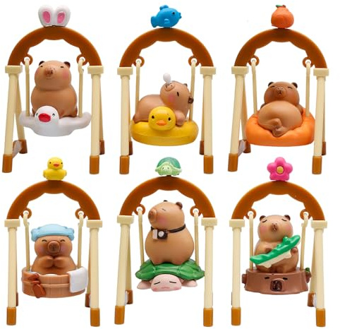 XIAOXIAOYU Capybara Figur Spielzeug – Set mit 6 Figuren Capybara mit Wippe – Innendekoration für Büro, Schlafzimmer, und Wohnzimmertisch