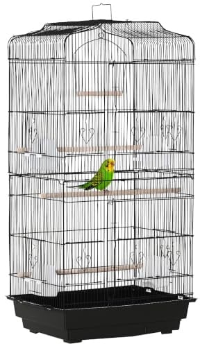 PawHut Bird Cage with Perches for Small Bird 46.5 x 35.5 x 92cm Black | Food Bowls, Swing, Parrot Cage for Budgie, Parakeet