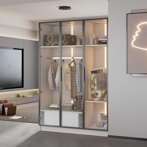 boorbin Geräumiger weißer Kleiderschrank mit 3 Glastüren, 1 Schublade und 1 Kleiderstange - 110 * 50 * 160 cm - mit LED-Licht