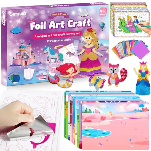 URMYWO Folienspaß Kinder, Prinzessin Foil Art FüR Kinder,Bastelsets FüR MäDchen Alter 3-10,DIY-AktivitäT Kits Reise Spielzeug Weihnachten Geburtstag Ostergeschenke (Mehrfarbig)