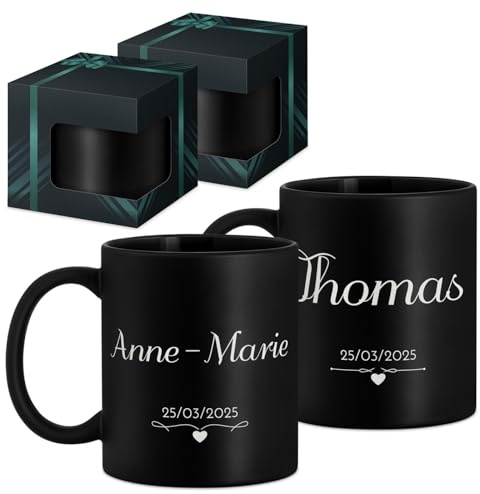 Maverton 2x Tasse Personnalisable - Ensemble de Mugs Café pour Monsieur Madame - Personnalisé - Cadeau Mariage - Cadeau Couple - Tasse à Café 330ml avec coffret cadeau - noir mat - couple marié