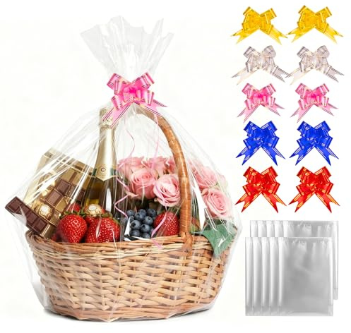 10 Stora Cellofanpåsar för Presentkorg 50x70 cm (20x28 Tum), Genomskinliga Presentkorgspåsar med Rosetter för Påsk och Jul, Presentinslagning i Plast för Gåvokorgar Födelsedag och Bröllop