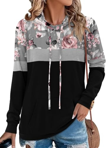 Chicrise Damen Pullover Herbst Mit Kapuzen Rundhals Langarm Strickpullover Farbblock Strick Hoodie Rose Schwarz 2X Groß 50-54