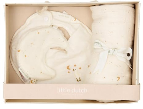 Little Dutch Geschenkset Baby 3-teilig (Schnullertuch, Bandana Lätzchen, Mulltuch) ideal zur Geburt - Little Goose Moon & Stars Soft White - Newborn Naturals weiß