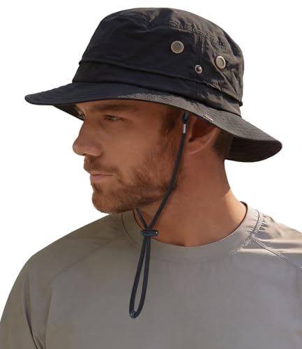 Hat Hut Mens Waterproof Bucket Rain Hat, UPF50+ Sun Hat, Wide Brim, Packable, All-Weather Outdoor Hiking Fishing Hats (US, Alpha, One Size, Black)