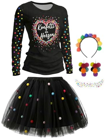 Konfetti Kostüm Damen Set, Konfetti im Herzen T-shirt Damen Fasching Karneval Outfit, Tüllrock Konfetti Rock, Haarreif mit Pompoms Bunt, Ohrringe, Aufkleber, Konfetti Accessoires
