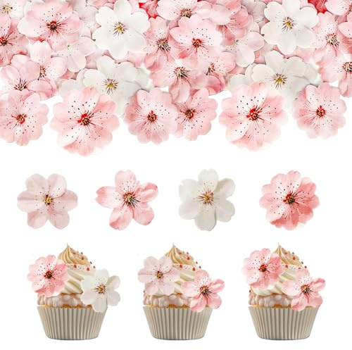 PLUSHCEWT 50 Stück Kirschblüten Torten Deko,Essbare Kirschblüten Torten Deko aus Reispapier, Rosa Blüten Cupcake Topper für Hochzeit, Geburtstag, Taufe, Mädchen Party Deko