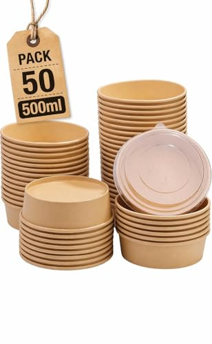 50 Sets Disposable Kraft Paper Salad Bowls with Lids 500ml – Leakproof Round Takeaway Food Containers, Microwavable Paper Bowls for Salad, Pasta, Rice, Soup, Meal Prep & Food Delivery