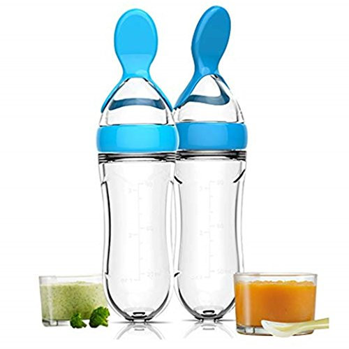 Feeding Bottle with Spoon, Silicone Squeeze Rice Cereal Feed Bottle Spoon Baby Food Dispensing Feeding Spoon(20.5cm Blue) 1Pc