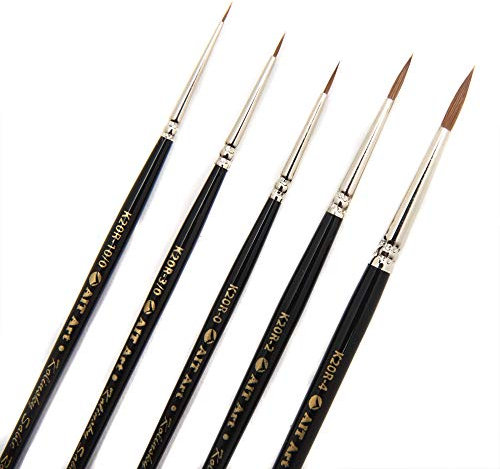 AIT Art Premium Detail Brush Set, 5 Pure Kolinsky Russian Red Sable Paint Brushes, Handmade in USA, Set for Ultimate Details with Oil, Acrylic, and Watercolors