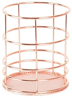 Aeromdale Hollow Rose Pattern Makeup Brush Vase Pot Pen Holder Stationery Storage Organizer Container (Rose Gold- Round) Wire Pencil Holder Office Objects Present