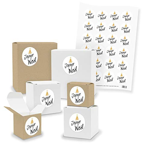 itenga Set 24x Geschenkboxen Schachteln Quader und Würfel gemischt Braun Weiß 24x Sticker Motiv Joyeux Noël Schwarz Gold - zum selber Basteln und Befüllen