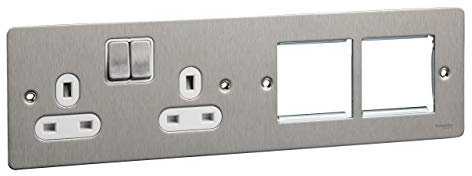 Schneider Electric Ultimate Flat Plate - Switched Double Power Socket, Double Pole with Combination Media Plate, GU32202DMPWSS, Stainless Steel with White Insert