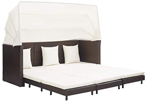 Festnight Ausziehbares 3-Sitzer-Schlafsofa mit Dach Gartenliege Gartensofa Sofa Liege Gartenmöbel Sonnenliege Lounge Liege Gartenbank Poly Rattan Braun
