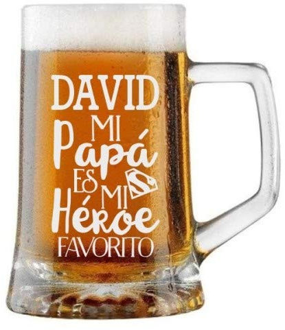 Arte-Deco Jarra de Cerveza Personalizada Día del Padre PAPÁ ES MI HÉROE Regalo Grabado y Personalizado para Hombre o Mujer Obsequio Celebraciones Cumpleaños Aniversarios Día del Padre Detalle