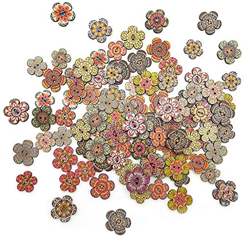 X-RAIN Multicolor Holz Knöpfe, 100 Stück, 20mm, 25mm, Blume, Retro, DIY, Basteln, Nähen, Dekoration