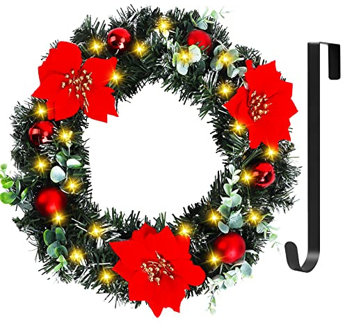 GIOVARA Christmas Wreath, Artificial Door Wreath with 30 LED Lights and Hanger, Xmas Wreaths for Front Door, Window, Fireplace, Front Door, Window, Pretty Outdoor Light Up Wreaths