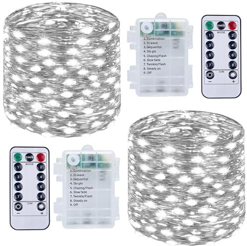 2 Piezes Luces de Cadena - 10M/33FT 100LED Guirnalda Luces Pilas, Decoracion Habitacion Luces Impermeable IP65 Interiores/Exteriores Decoración para Navidad Boda Jardines Festivales (Blanco Frío)