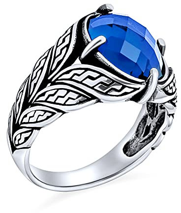 Personalisieren Sie Unisex Herren Vintage Style Großer Aussage Oval Simulierter Blauer Saphir Cz Zirkonia Konischer Weinblatt Ring Westschmuck Oxidiertes .925 Silber Handgefertigt In Der Türkei