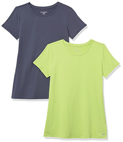 Amazon Essentials T-Shirt Tecnica Girocollo Elasticizzata Asciugatura Rapida (Anche in Taglie Forti) Donna, Pacco da 2, Grigio Ardesia/Verde Lime, S