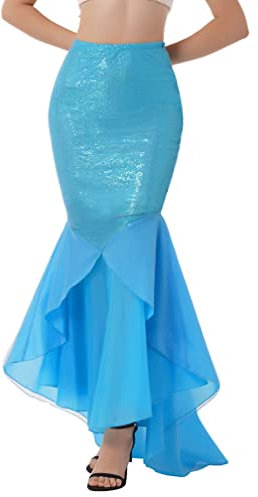 TiaoBug Damen Meerjungfrau Rock Pailletten Röcke Bodenlang Maxirock Kostüm Meerjungfrauenschwanz zum Karneval Fasching Motto Party Outfits Blau M