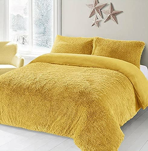 HOMES-LINEN Teddy Bear Fleece Long Fur Cuddles Alaska Luxury Duvet Cover Set Warm Cosy Soft Teddy Bedding Set (Ochre, Super King)