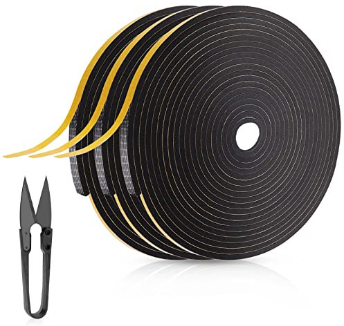Dichtungsband Selbstklebend 15m(L) x 6mm(B) x 3mm(D), Fensterdichtung Selbstklebend mit 1 Schere, Moosgummi Selbstklebend für Schalldämmung von Türen und Fenstern, Wasserdicht, 3 Rollenx5m(schwarz)