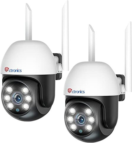Ctronics Kit Camara Vigilancia WiFi Exterior, PTZ Camara de Vigilancia con Visión Nocturna en Color, Detección de Personas Seguimiento Automático, 24/7 Grabación Continua, Audio Bidireccional