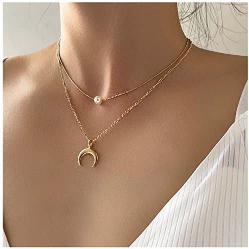 Allereya Collana con ciondolo a forma di luna Collana girocollo con perle Collana a mezzaluna in oro Collana con catena a doppio strato Boho Gioielli per donne e ragazze