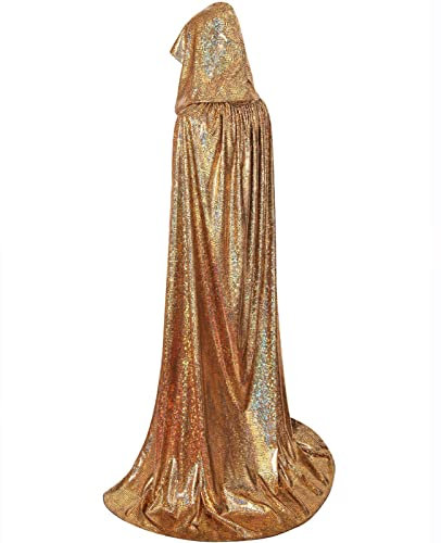 GRAJTCIN Goldener Umhang mit Kapuze für Damen, Halloween, volle Länge, mit Kapuze, Schlangenkostüm, glänzende Pailletten, Karneval, Party, 150 cm, goldfarben