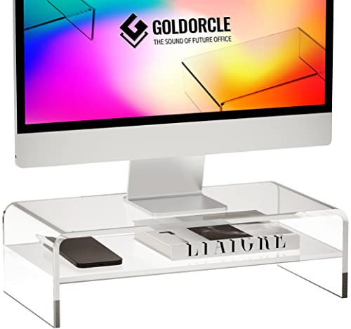 GOLDORCLE Soporte de acrílico de 2 niveles para monitor de computadora, soporte transparente para computadora portátil, impresora, bandeja acrílica, estante de almacenamiento para laptop
