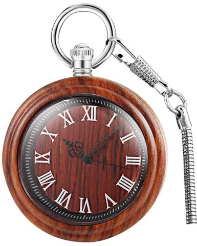 Handmade Bamboo Wood Pocket Watch for Men - Vintage Roman Numerals Quartz Movement Pocket Watches with Chain, Wooden Pendant on Birthday,Anniversary, Father’s Day for Men with Gift Box -Red Brown