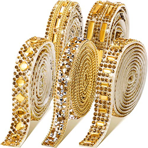 5 Rouleaux Rubans de Strass Brillants en Résine Ruban de Cristal Auto-Adhésif Bling pour Décoration Art Artisanat Bricolage (Fauve, Style Mixte)
