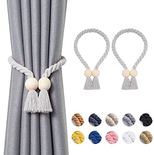 Pretty Jolly Ball magnetische Vorhang-Raffhalter aus Holz, Boho-Dekoration, Raffhalter, natürliche Baumwolle, handgewebt, für Fenstervorhänge für Zuhause und Büro, Hellgrau, 2 Stück