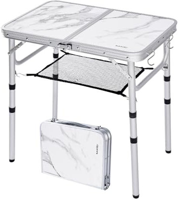 YUFIFAIRY Klappbarer Campingtisch mit Netzschicht, 3 Höhen 60 cm, Aluminium, leicht, tragbar, marmoriert, Klapptisch mit verstellbaren Beinen