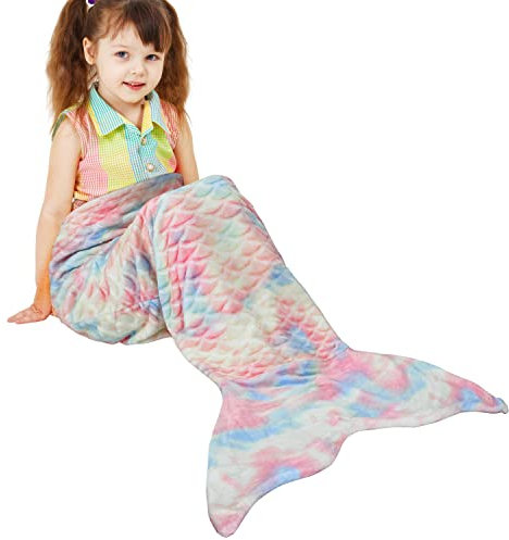 Meerjungfrauen Schwanz Decke, weicher Warmer Plüsch Fleece Schlafsack Kuscheldecke, 155 x 50 cm Fischschuppenmuster, Süße Meerjungfrau