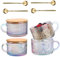 Vintage Glass Coffee Mugs Set of 4,Clear Embossed Glass Tea Cups with Bamboo Lids and Spoons, Cute Coffee Bar Accessories, for Cappuccino, Latte, Overnight Oats, Cereal,Yogurt,Gift(Rainbow)