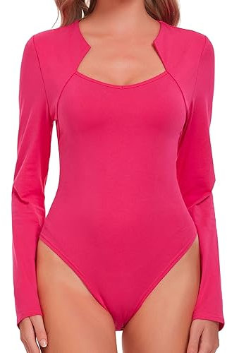EVELIFE Body da Donna Sexy Morbido a Maniche Lunghe Body Girocollo Camicetta Casual Top (Rosa,XL)