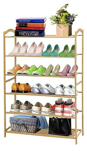 Youyijia Shoe Rack Bamboo, 6-Tier Shoes Storage 79 X 23 X 107cm Large Storage Capacity Multipurpose Shelf Wood Footwear Shelves Plant Display Stand for Closet Entryway Bathroom Bedroom Light Yellow