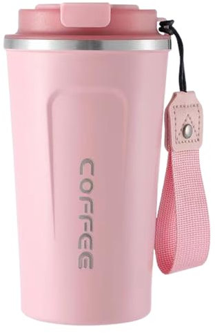 ulafbwur Tazza da caffè isolata in acciaio inox con una sola mano Tazza da viaggio 510 ml Coperchio a tenuta stagna Coperchio ecologico Easy Silicone Sleeve Grip Ermetico Compatto Rosa