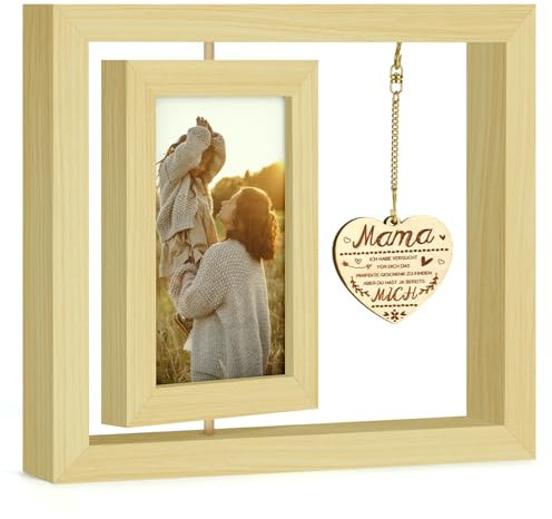 Bilderrahmen 10x15cm Muttertagsgeschenke für Mama, Holz Drehbare Fotorahmen mit Herz Anhänger, Personalisiert Doppelseitiger Fotorahmen Muttertagsgeschenke Geburtstagsgeschenk, Erntedankfest Geschenk