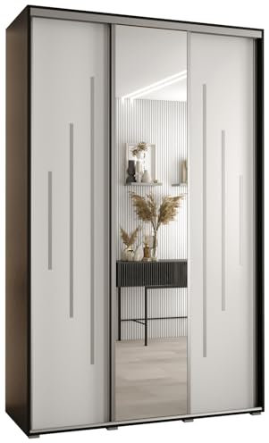 MEBLE KRYSPOL Davos 13 150 Schrank mit DREI Schiebetüren für Schlafzimmer - Moderner Kleiderschrank mit Spiegel, Kleiderstange und Regalen - 235,2x150x45 cm - Schwarz Weiß Silber