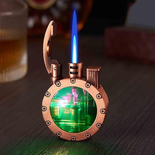 Vintage Feuerzeug Mit Licht, Kreatives Transparentes Grabenfeuerzeug, Wiederverwendbares Winddichte Antikes Steampunk-Feuerzeug, Tragbare Kerosinfeuerzeug Runde (B)