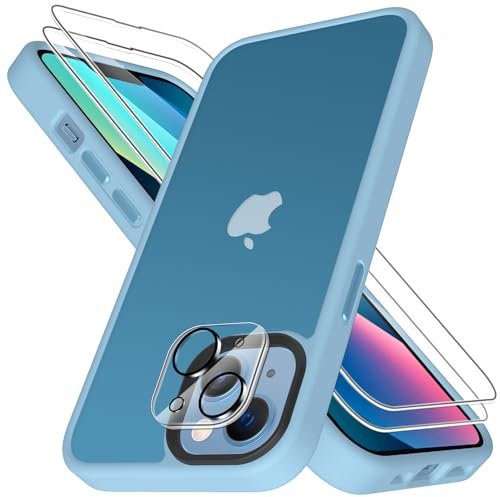 Mootobo for iPhone 13 Case, 4 in 1 [Mil-Grade Shockproof Defense] with 2 Screen Protector+1 Lens Protector,Translucent Matte Back Slim Shockproof Phone Cover for iPhone 13 6.1 inch - Blue