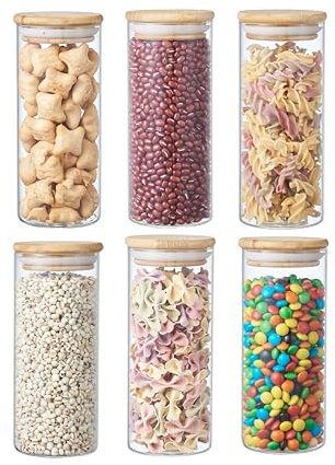 ORNAMI Eden & Willow Glass Storage Jar with Bamboo Lid | Small Canister for Spice Storage, Grains and More | Durable Spice Container with Silicone Seal - Set of 6 (350ml)