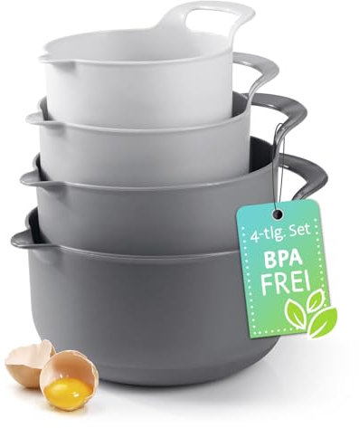 GOURMETmaxx Lot de 4 saladiers avec anse et bec verseur, en plastique, empilables, antidérapants, robustes, passent au lave-vaisselle