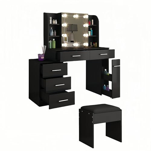 Schminktisch mit Beleuchtung und Spiegel Schwarz - LED Schminktisch Set mit 6 Schubladen + 6 Ablagen, 10 Helligkeitsstufen, Inklusive Hocker & Praktisches Design für Make-up Organisation