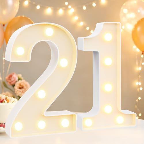 8.8 Decorative LED Light Up Numbers, Marquee Numbers Lights for 21st Birthday Decorations, Lighted Number Sign for Birthday Party Night Lights Anniversary Backdrop Home Decor, White Number 21