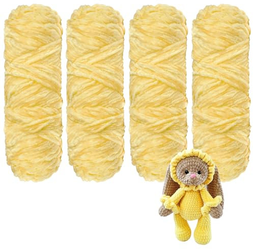 YINVA Chenille Wolle zum Häkeln 400g(4pcs×100g) Chenille Wolle Flauschige Wolle Velvet Weiche Plüschwolle Häkelwolle für Anfänger Dicke Wolle Zum Stricken-Gelb